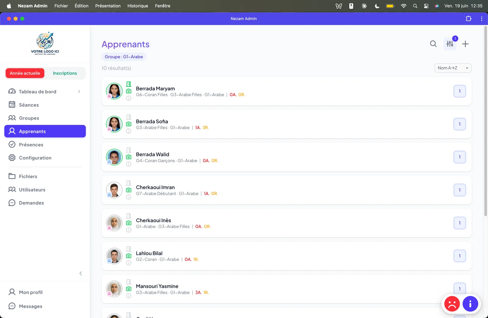 Liste des apprenants par groupe
