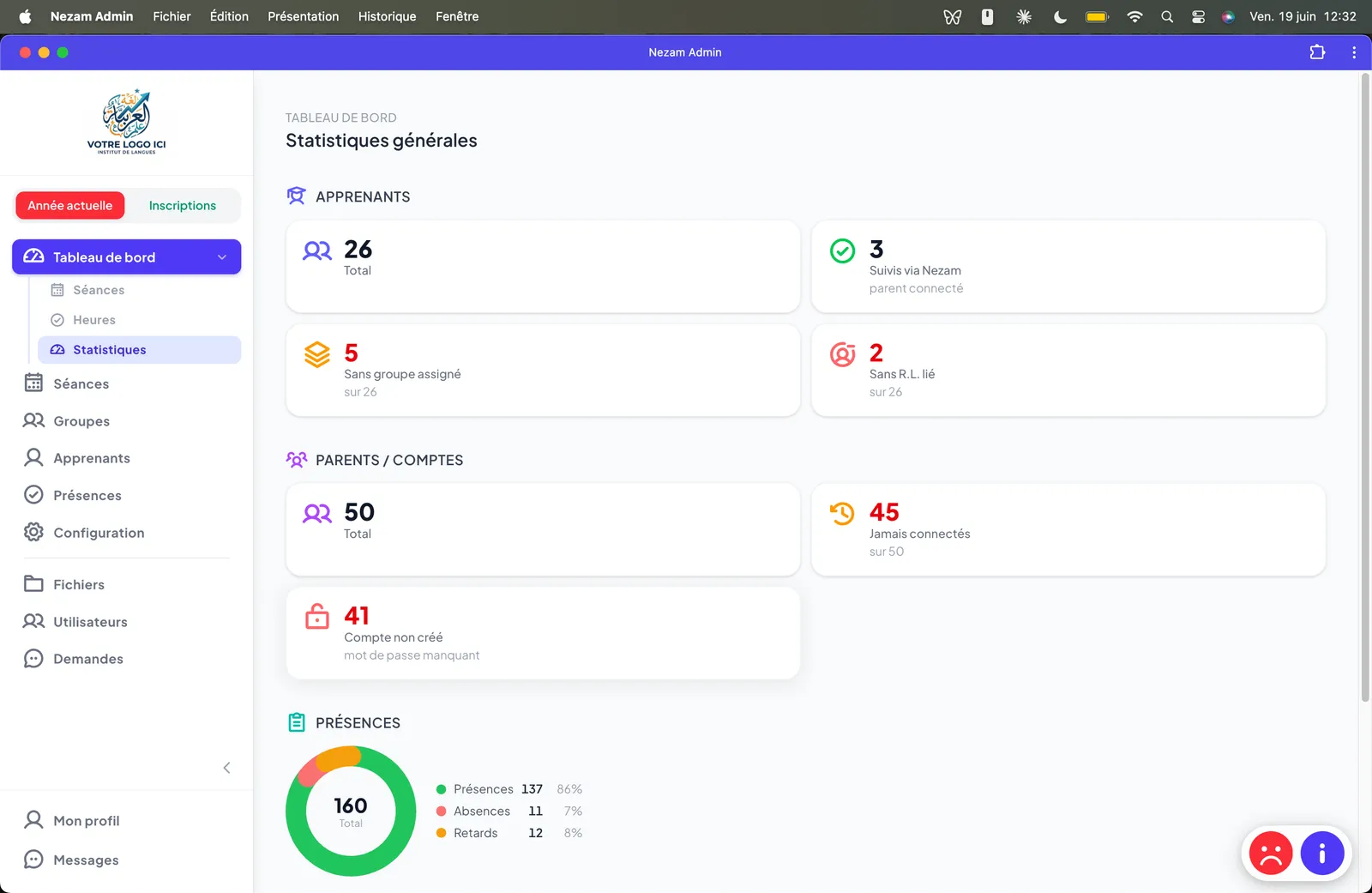 Tableau de bord : statistiques des apprenants, des comptes parents et des présences