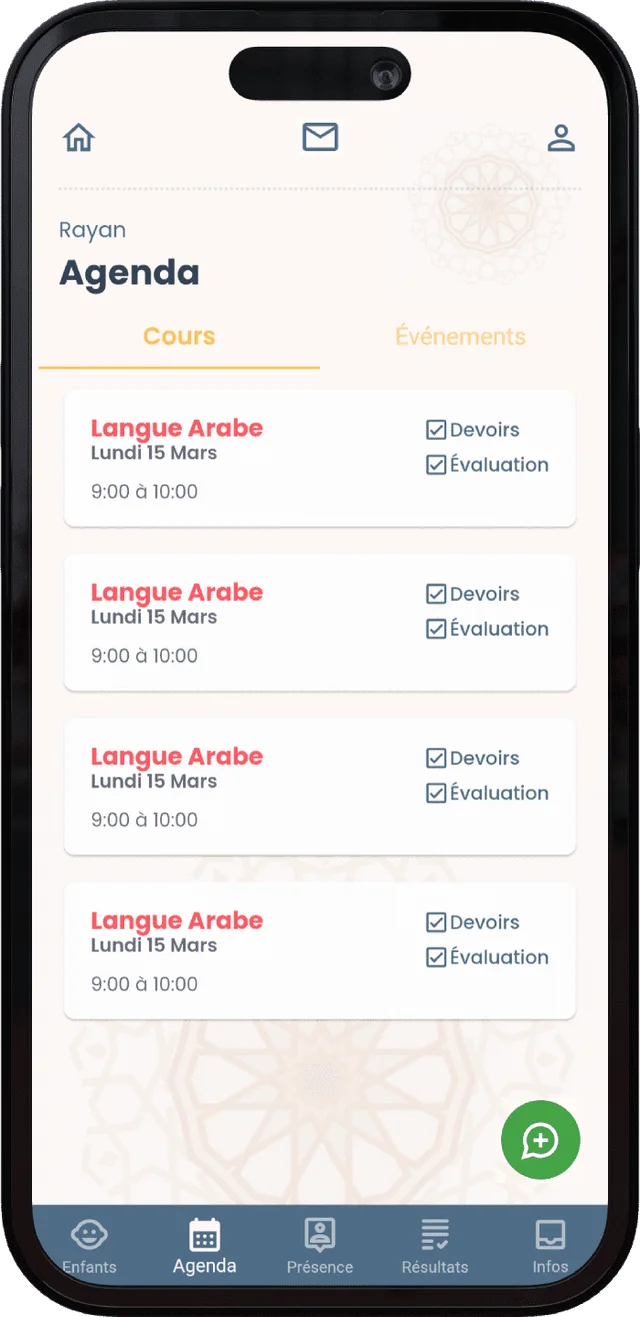 Agenda des séances et devoirs dans l’application parents