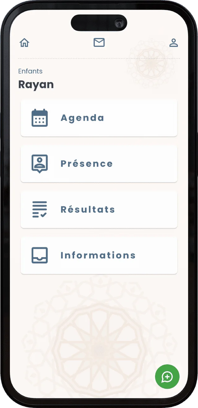 Menu d’un enfant : agenda, présence, résultats, informations