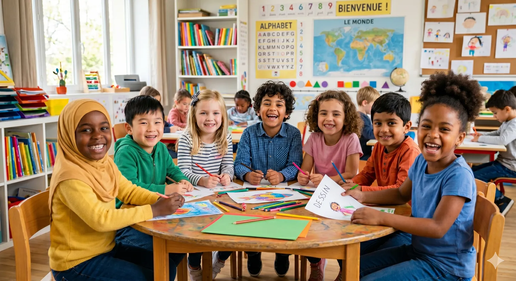 Des enfants de différentes origines, souriants, autour d'une table dans une classe associative colorée