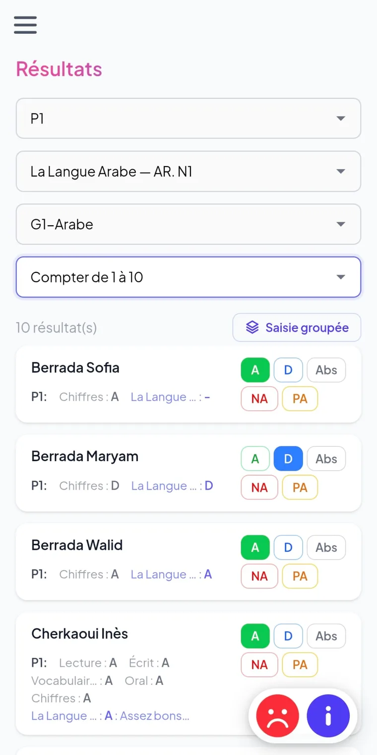 Saisie d'une note sur mobile