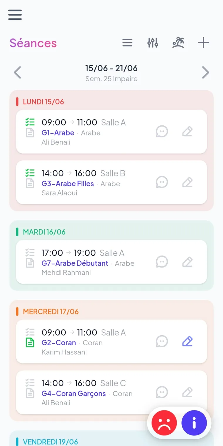 Les séances du jour sur mobile